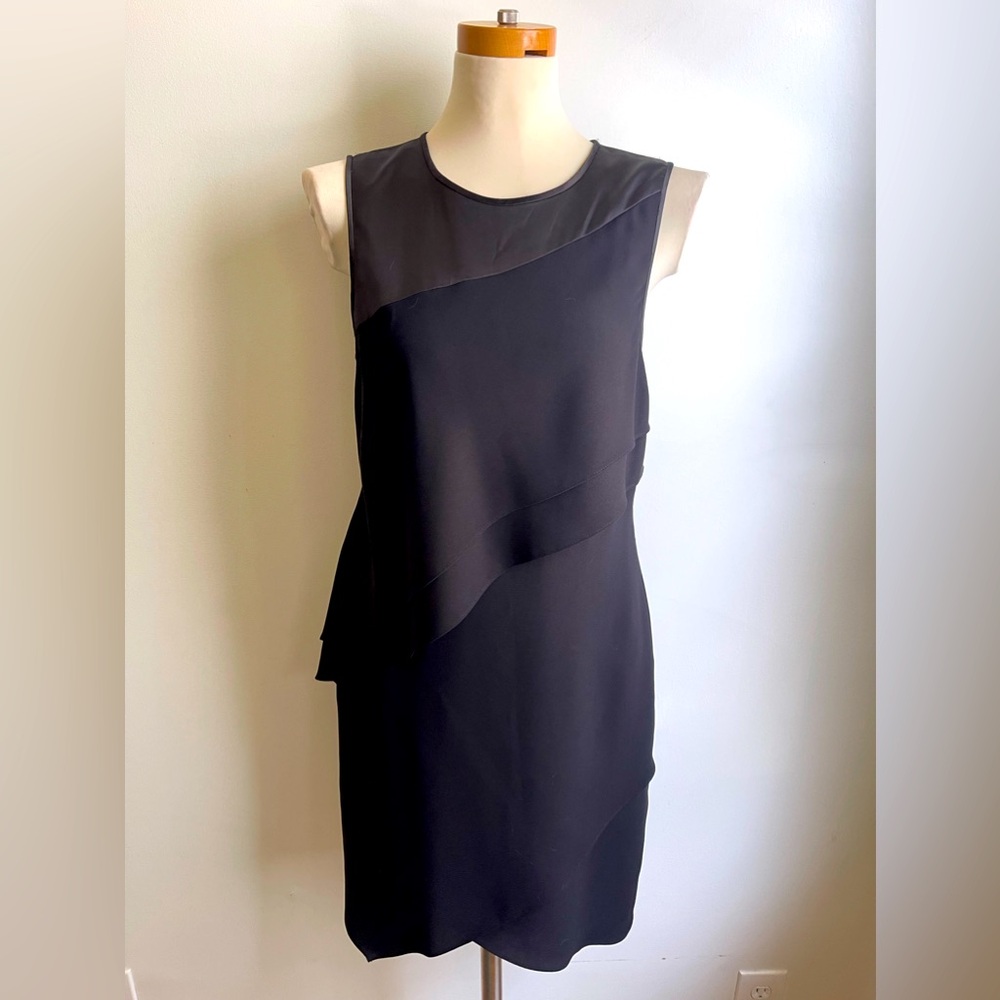 Halston Heritage Sleeveless Black Cocktail Dress Satin Tiered Asymmetrical LBD 6